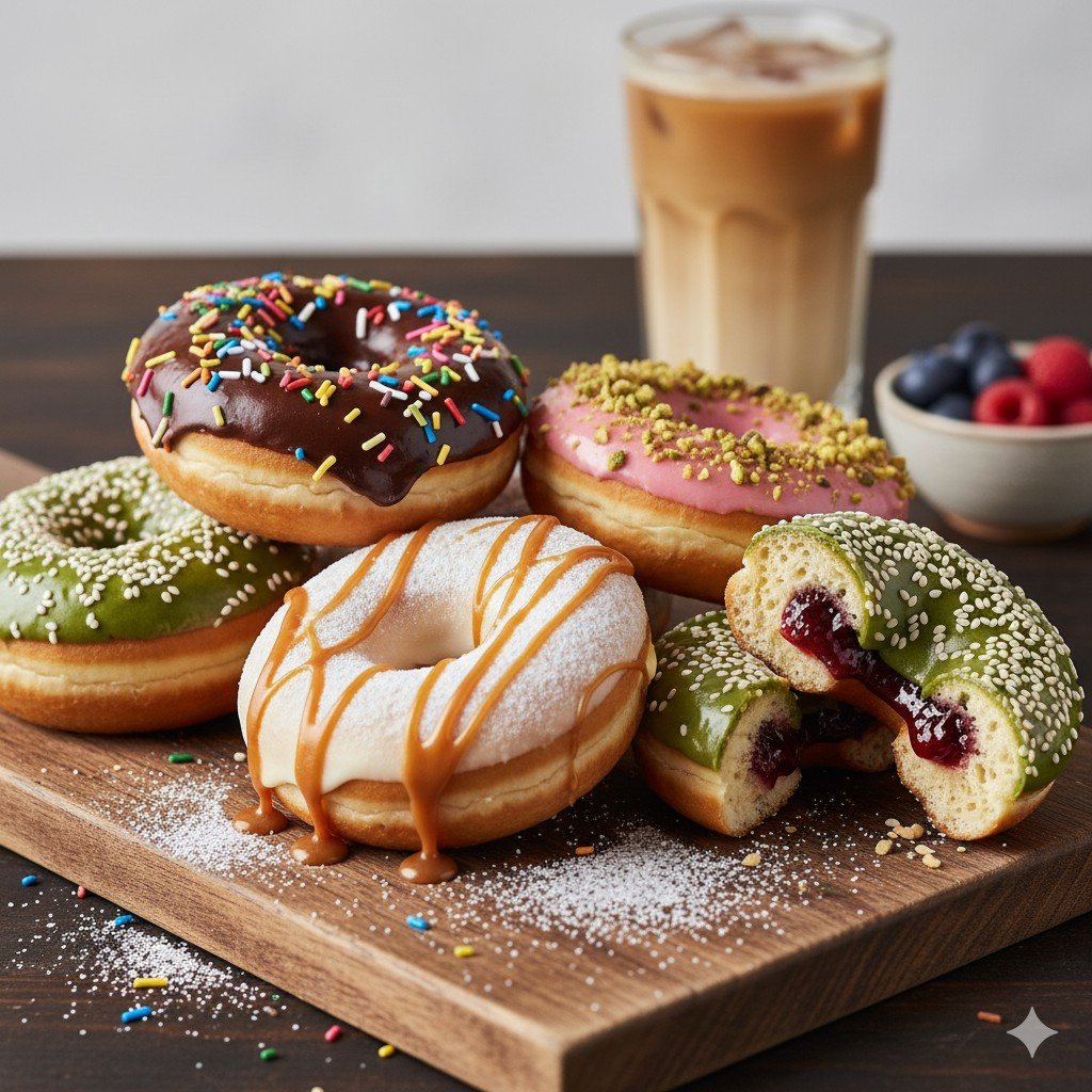 Berbagai donat topping cokelat, stroberi, dan matcha di atas papan kayu