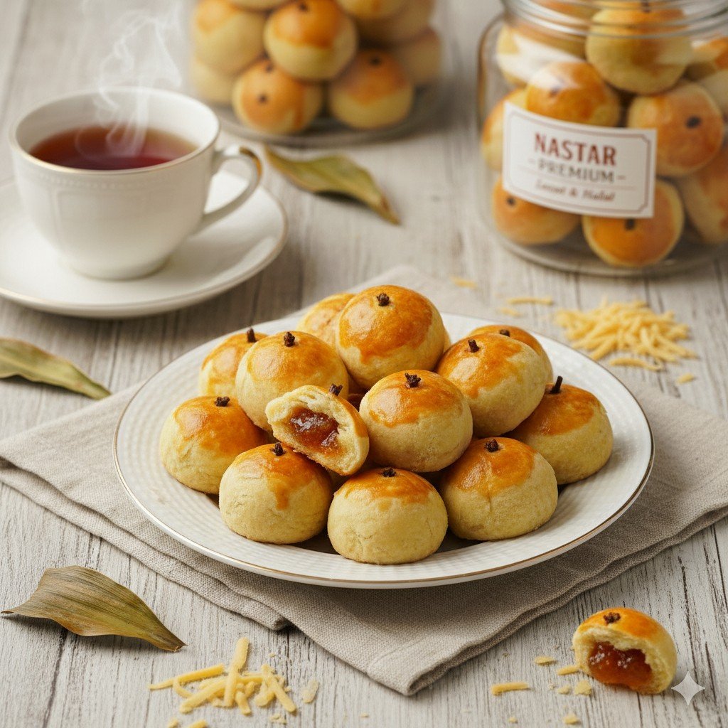 Nastar premium rumahan di piring dengan teh hangat